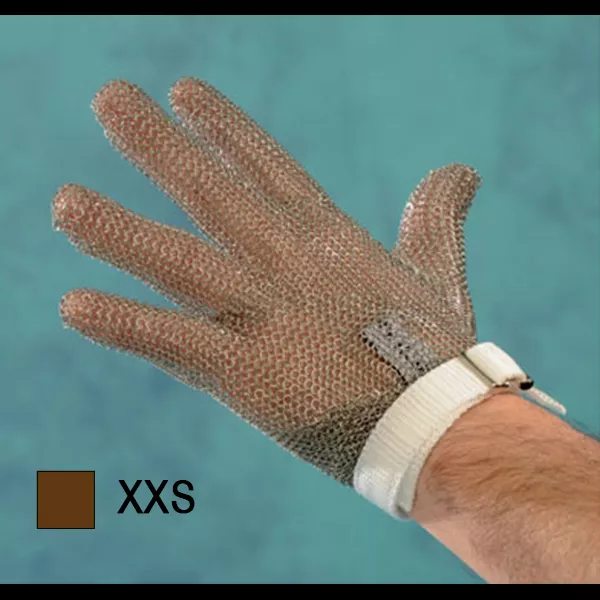 STAINLESS STEEL KNITTED GLOVE WITH BROWN STRAP (XXS)