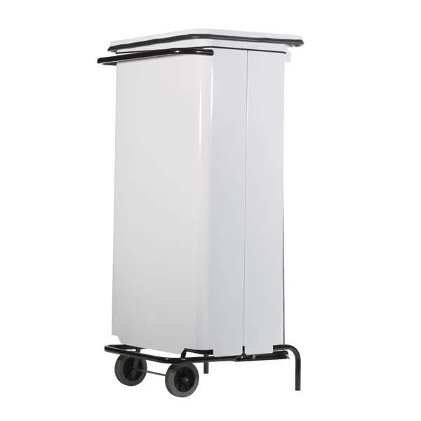 WHITE PAINTED SHEET METAL WASTE BIN WITH PEDAL AND WHEELS lt.110 cm.45.5x42x96