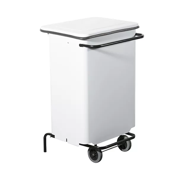 MINI WASTE BIN IN WHITE PAINTED STEEL WITH PEDAL AND WHEELS lt.70 cm.45.5x42x70