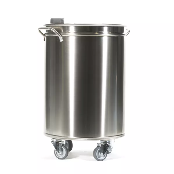 ROUND STAINLESS STEEL WASTE BIN WITH STAINLESS STEEL WHEELS lt.50 cm.38x62