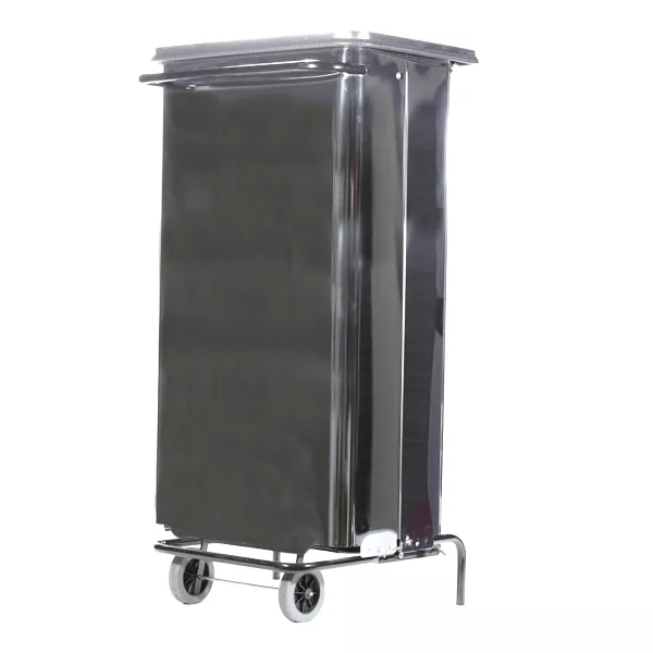 STAINLESS STEEL WASTE BIN WITH PEDAL AND WHEELS lt.110 cm.45.5x42x96