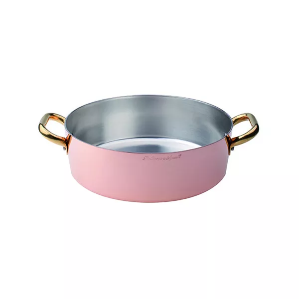 LOW COPPER CASSEROLE 2 BRASS HANDLES cm. 24x8