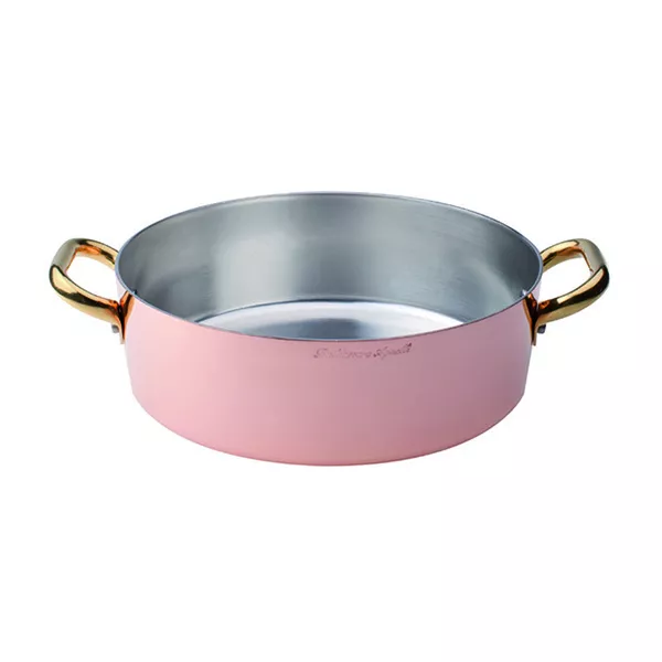 LOW COPPER CASSEROLE 2 BRASS HANDLES cm. 32x10