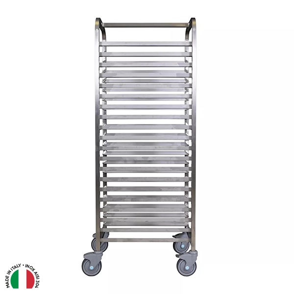 STAINLESS STEEL TROLLEY WITH 20 COMPARTMENTS FOR 60X40 BREAD TRAYS WITH WHEELS