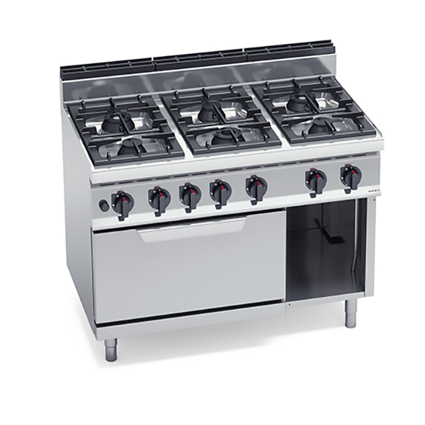 BERTO'S 6 BURNERS GAS COOKER MACROS 700 LINE ON STATIC GAS OVEN GN 2/1 AND OPEN COMPARTMENT DIM. cm.120x70x90H