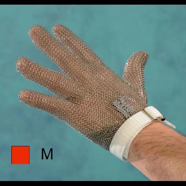 STAINLESS STEEL KNITTED GLOVE WITH RED STRAP (M)