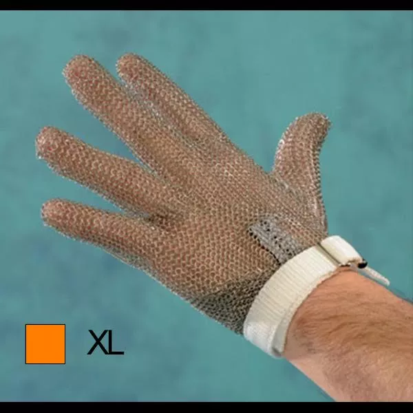 STAINLESS STEEL KNITTED GLOVE WITH ORANGE STRAP (XL)