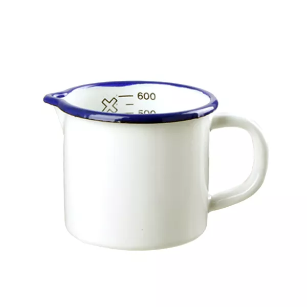 WHITE/BLUE ENAMELLED IRON CUP WITH SPOUT 1 HANDLE cm.10x9,6