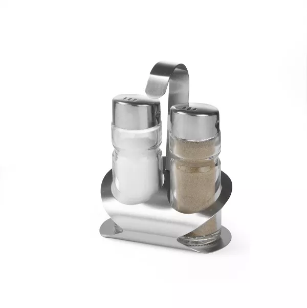 SALT AND PEPPER TABLE SET IN STAINLESS STEEL AND HENDI GLASS