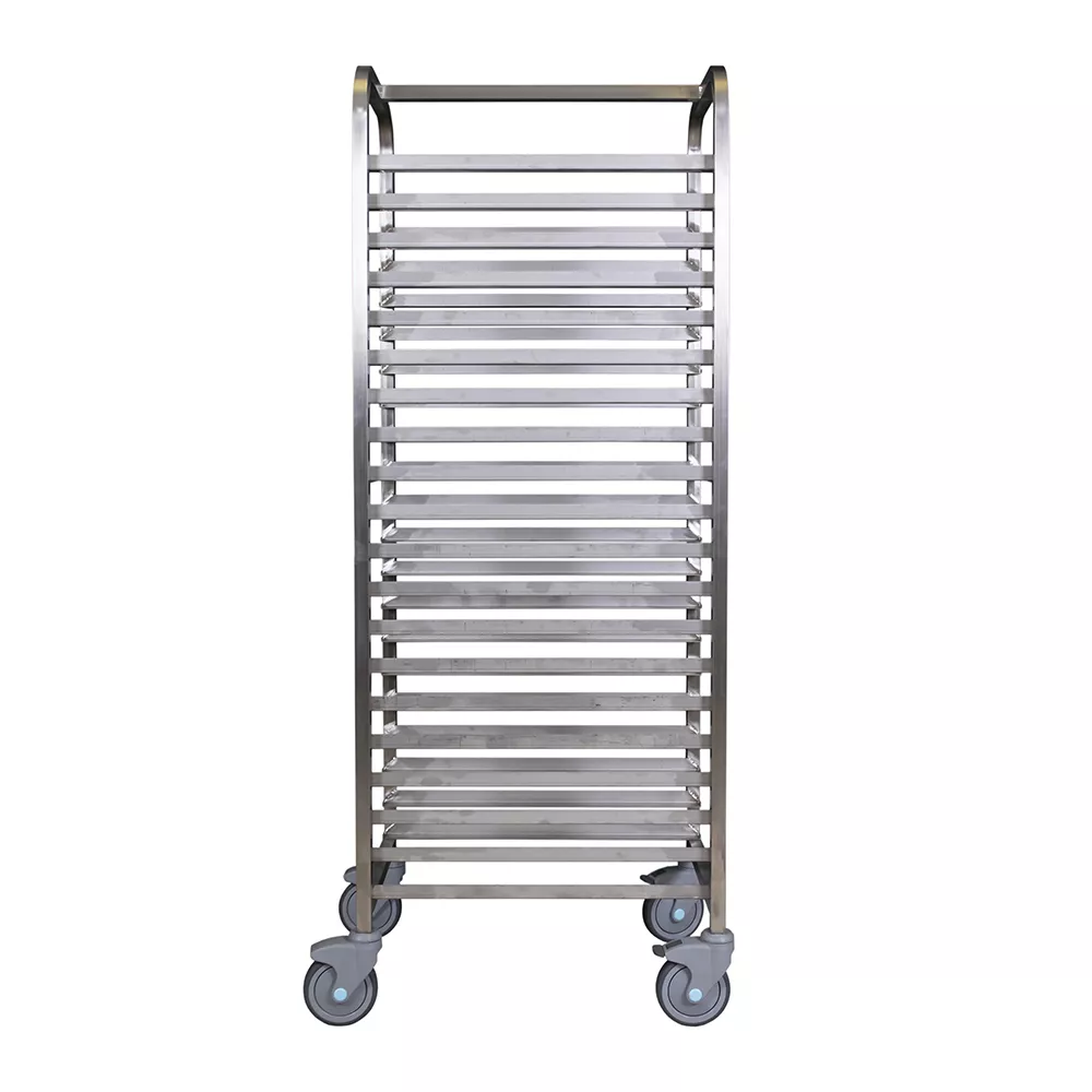 STAINLESS STEEL TROLLEY WITH 20 COMPARTMENTS FOR 60X40 BREAD TRAYS WITH WHEELS