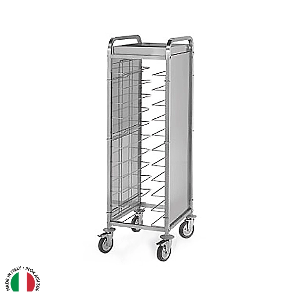 11-SPACE STAINLESS STEEL TROLLEY FOR SELF-SERVICE TRAYS (EN - GN 1/1) WITH SIDE LOCKS AND GLASS TRAY