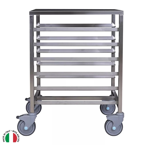 STAINLESS STEEL TROLLEY WITH 6 SPACES FOR TRAYS cm. 60x40 WITH WORKTOP